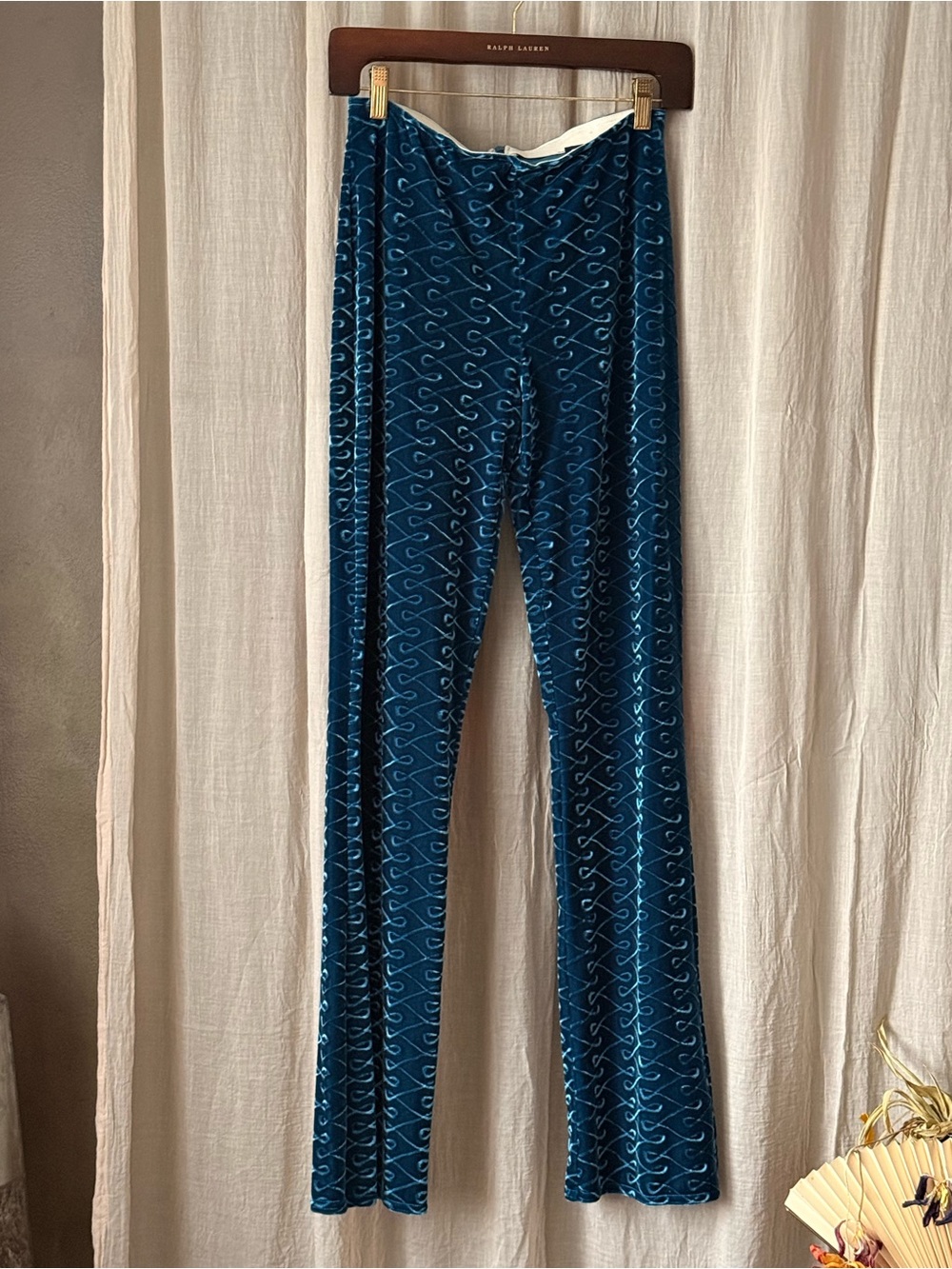 True vintage Velvet Teal Patterned Stretch flared Pants bell bottoms y2k 2000s